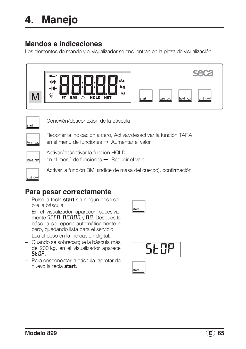 Manejo, Mandos e indicaciones, Para pesar correctamente | Seca 899 User Manual | Page 65 / 188