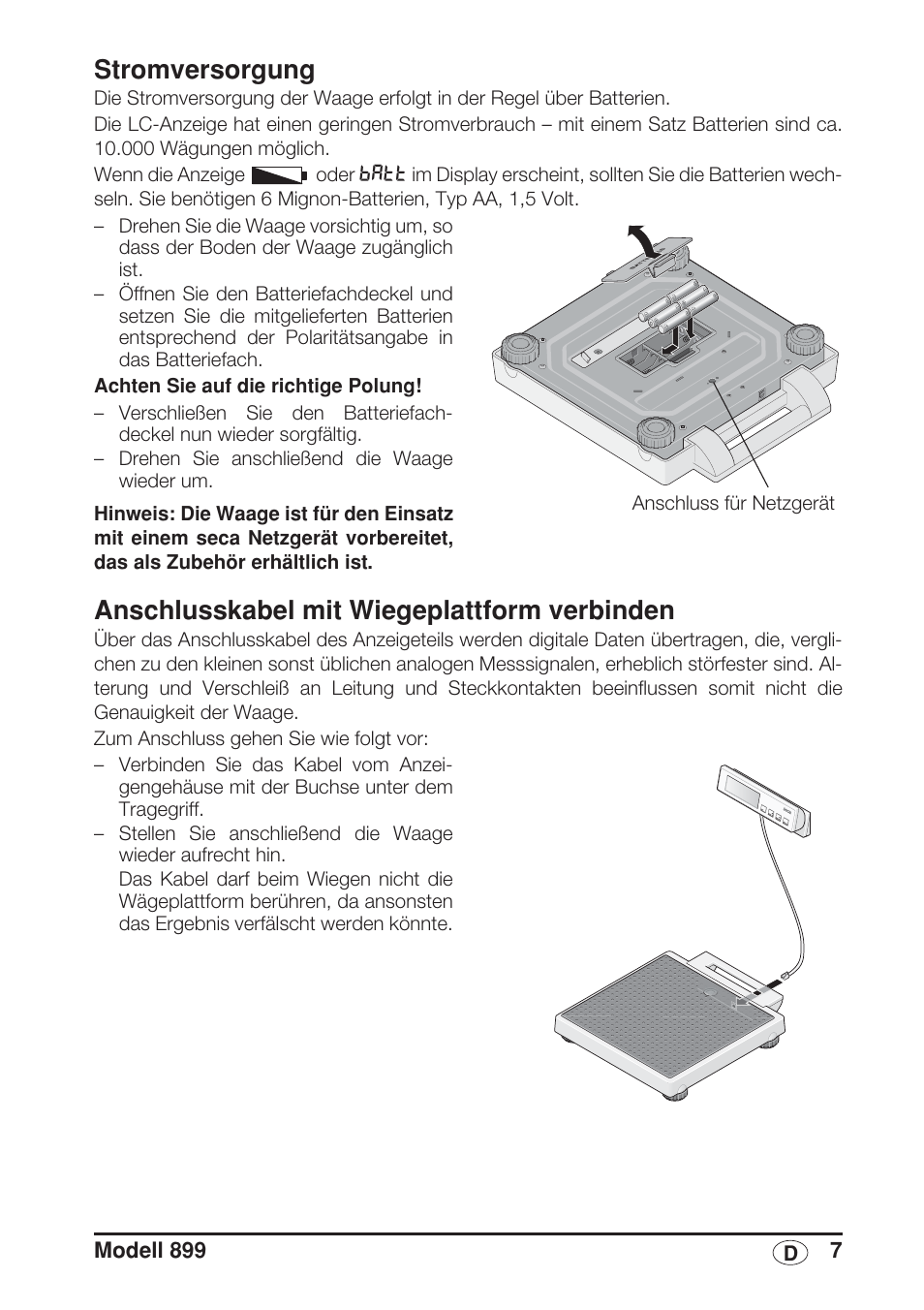 Stromversorgung, Anschlusskabel mit wiegeplattform verbinden | Seca 899 User Manual | Page 7 / 188