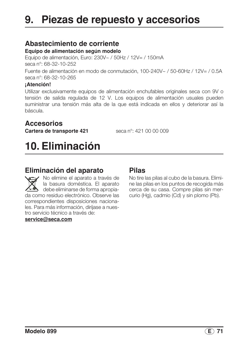 Piezas de repuesto y accesorios, Abastecimiento de corriente, Accesorios | Eliminación, Eliminación del aparato, Pilas | Seca 899 User Manual | Page 71 / 188