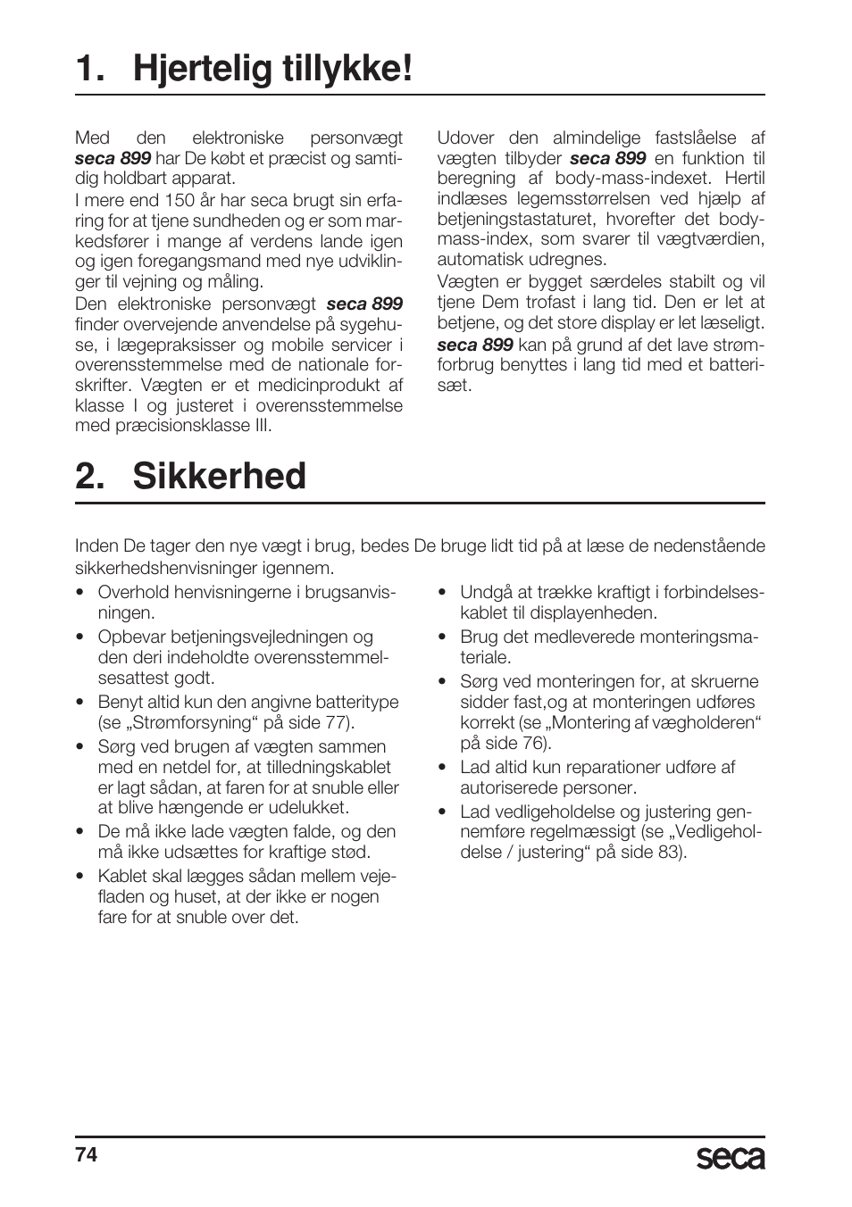 Hjertelig tillykke, Sikkerhed | Seca 899 User Manual | Page 74 / 188