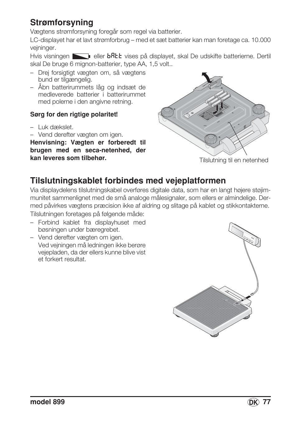 Strømforsyning, Tilslutningskablet forbindes med vejeplatformen | Seca 899 User Manual | Page 77 / 188