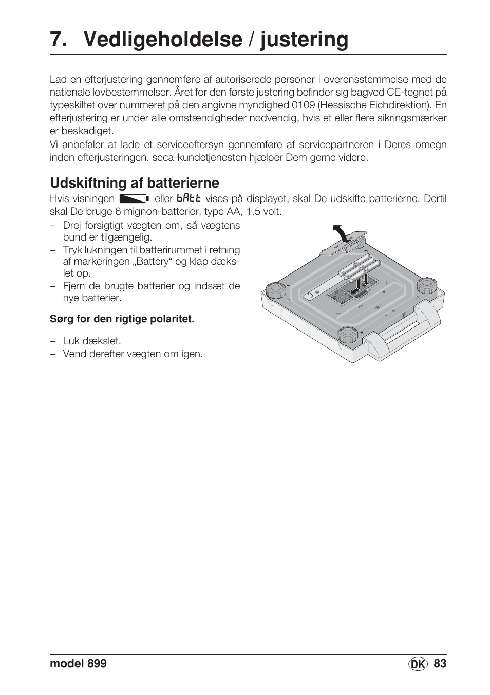 Vedligeholdelse / justering, Udskiftning af batterierne | Seca 899 User Manual | Page 83 / 188