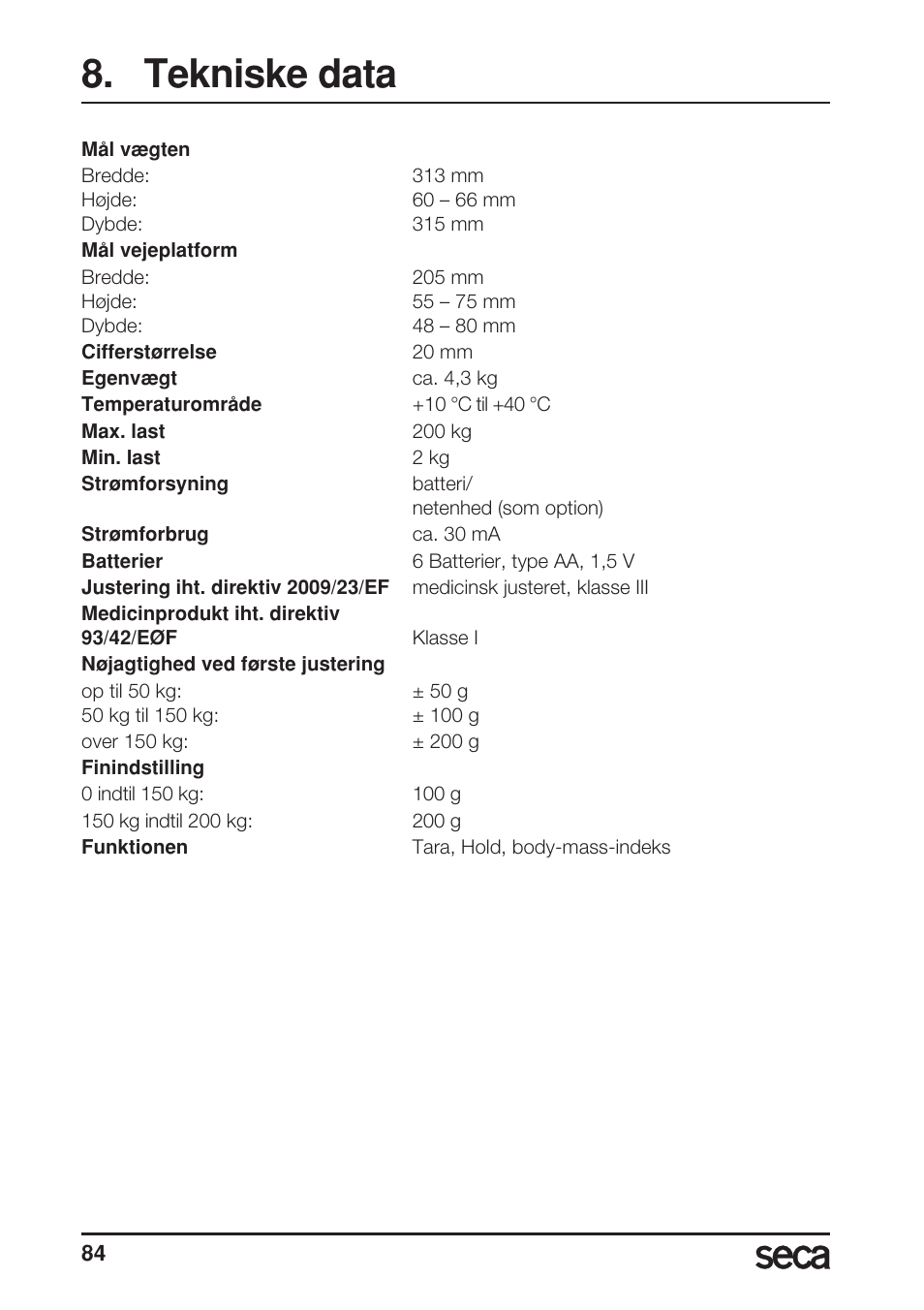 Tekniske data | Seca 899 User Manual | Page 84 / 188