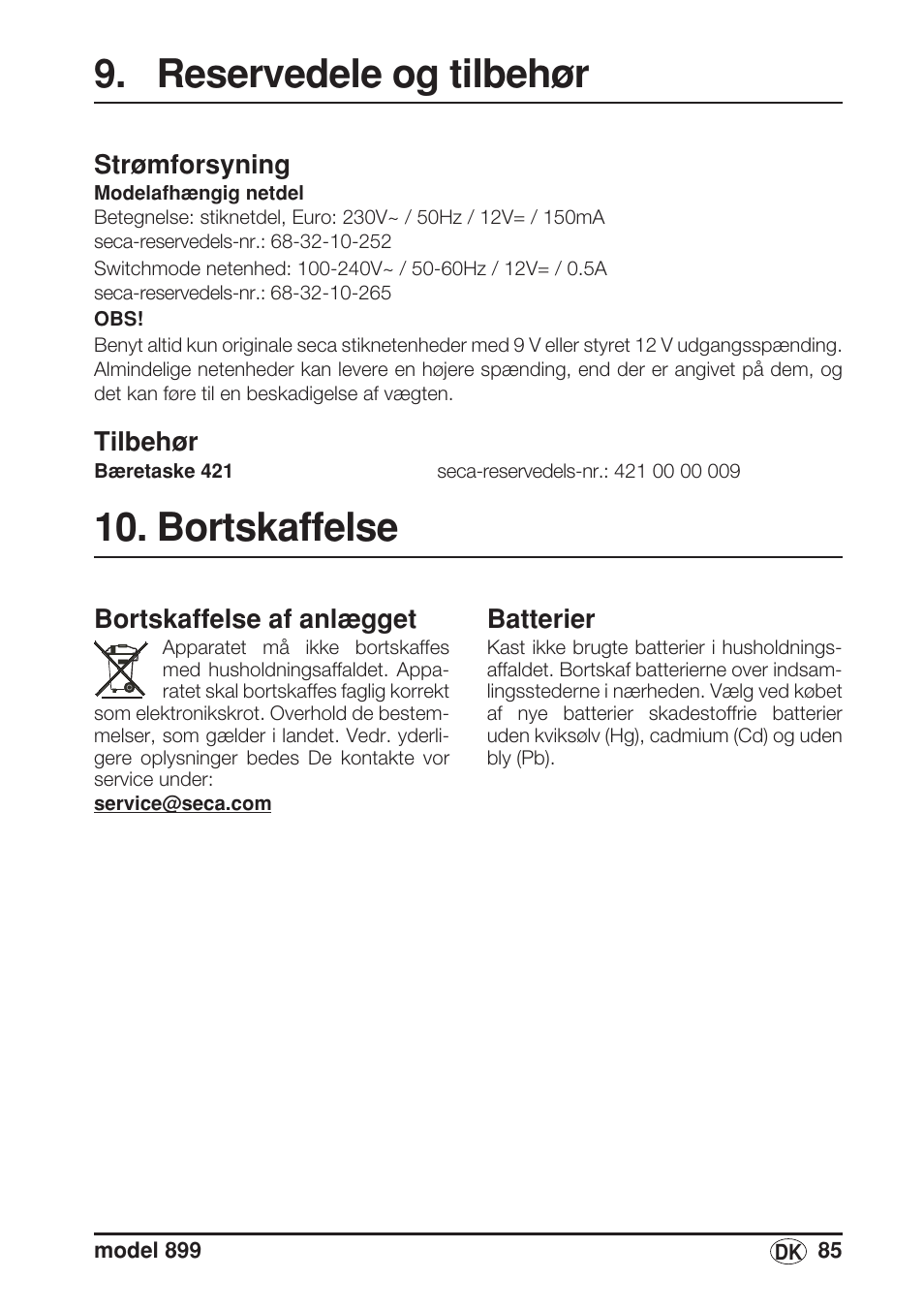 Reservedele og tilbehør, Strømforsyning, Tilbehør | Bortskaffelse, Bortskaffelse af anlægget, Batterier | Seca 899 User Manual | Page 85 / 188