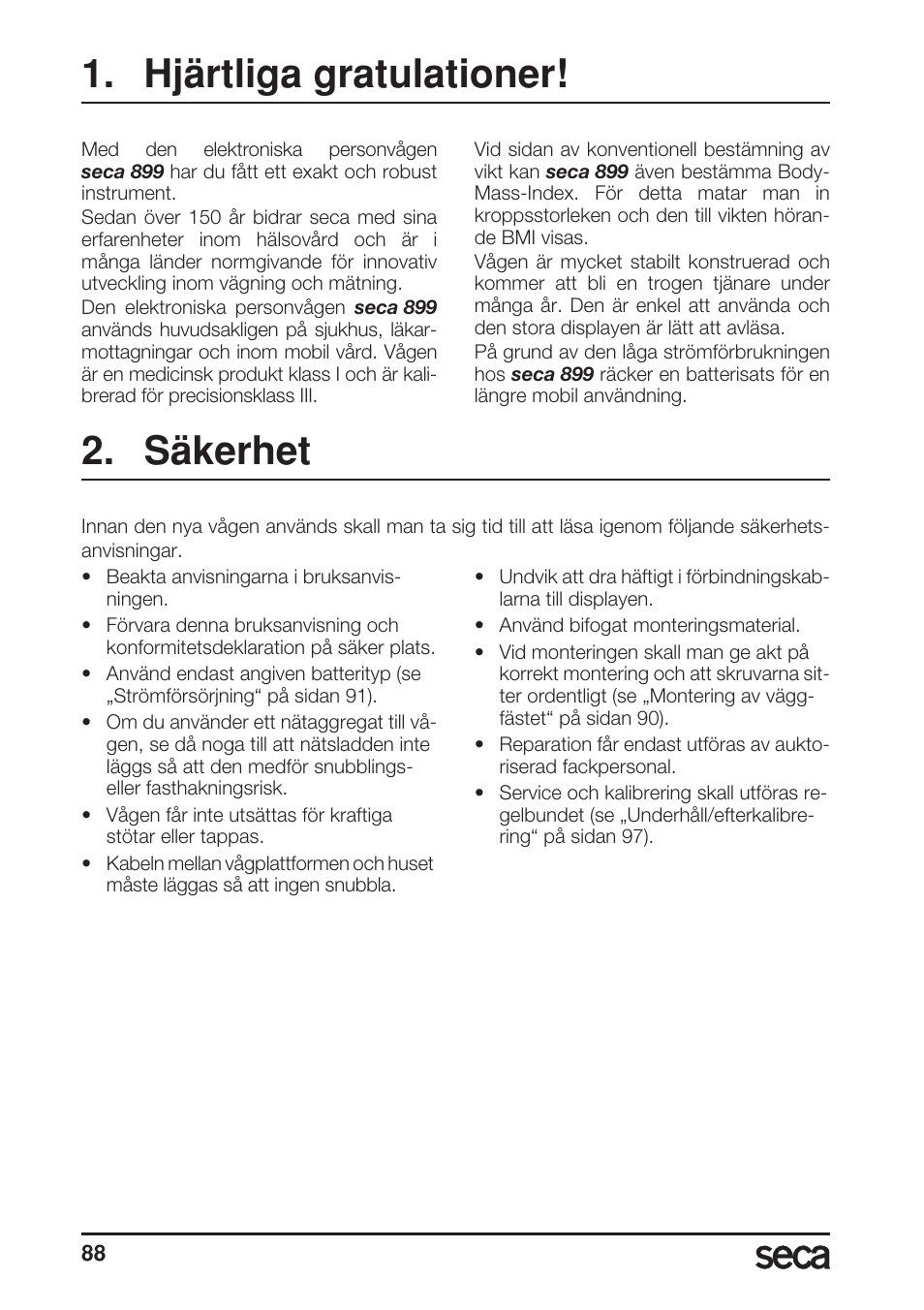 Hjärtliga gratulationer, Säkerhet | Seca 899 User Manual | Page 88 / 188