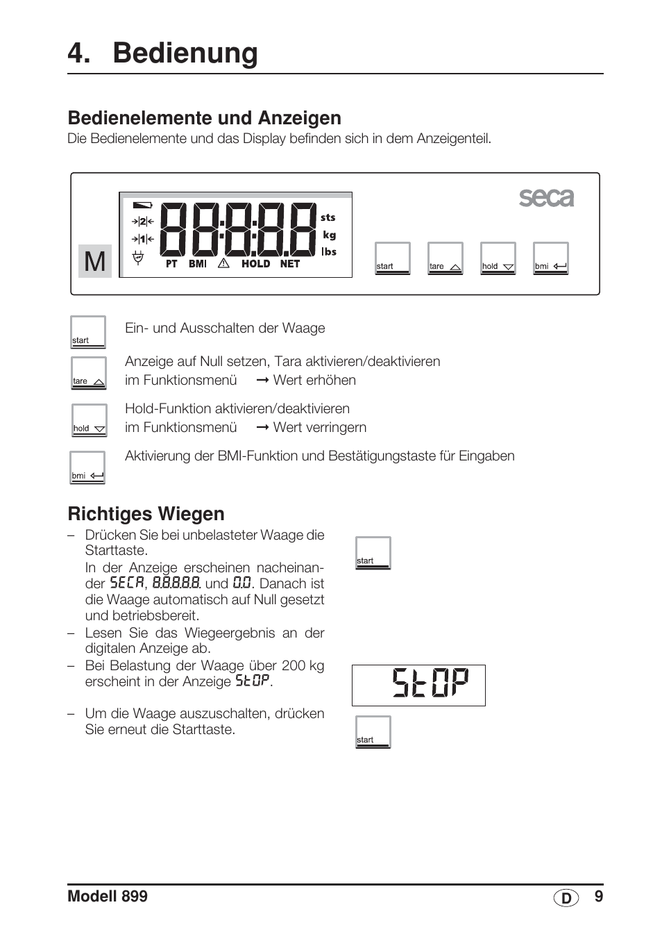 Bedienung, Bedienelemente und anzeigen, Richtiges wiegen | Seca 899 User Manual | Page 9 / 188