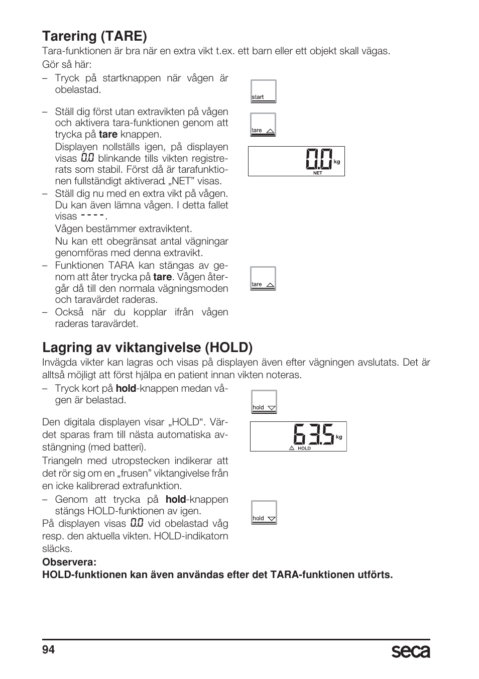 Tarering (tare), Lagring av viktangivelse (hold) | Seca 899 User Manual | Page 94 / 188