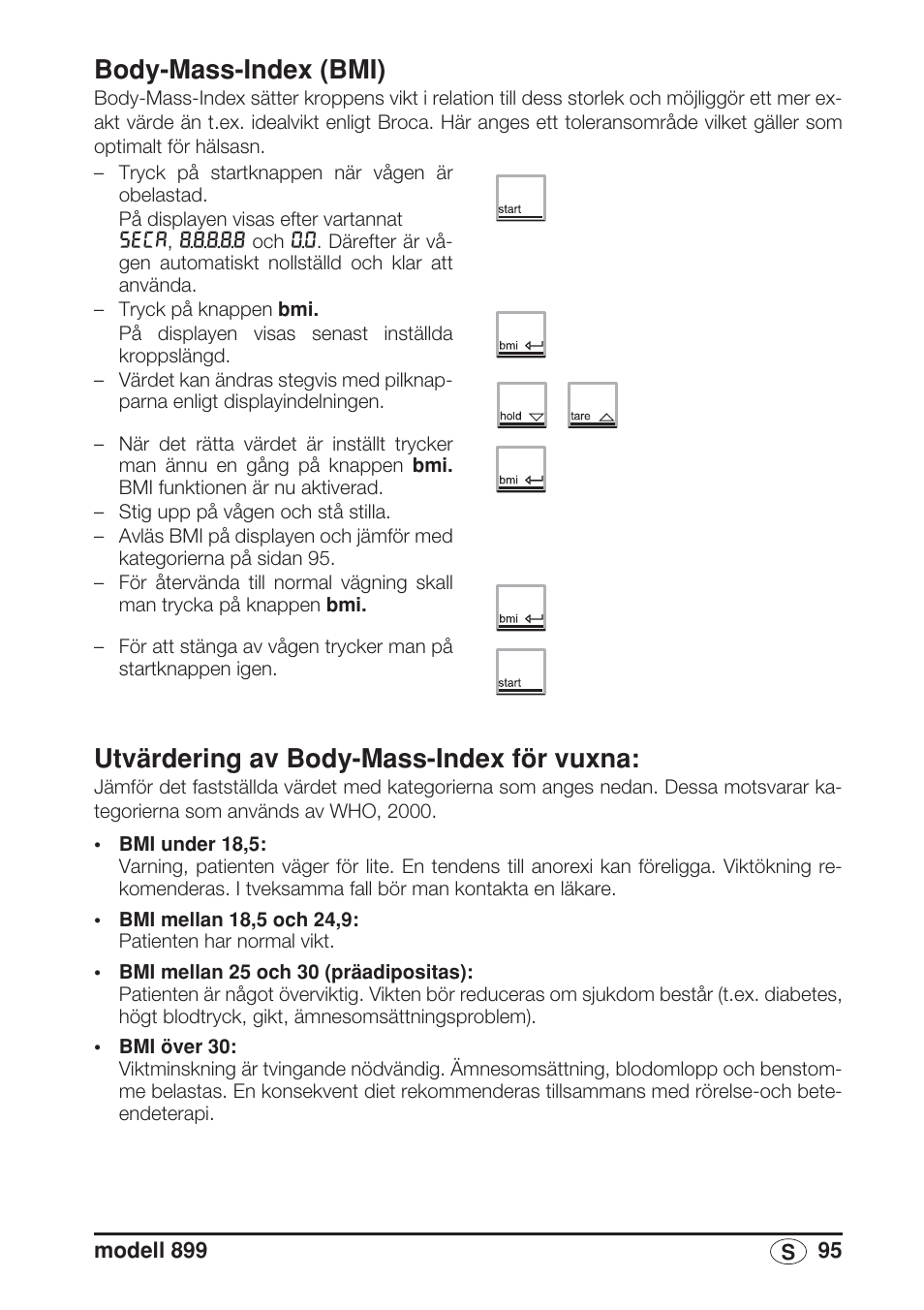 Body-mass-index (bmi), Utvärdering av body-mass-index för vuxna | Seca 899 User Manual | Page 95 / 188