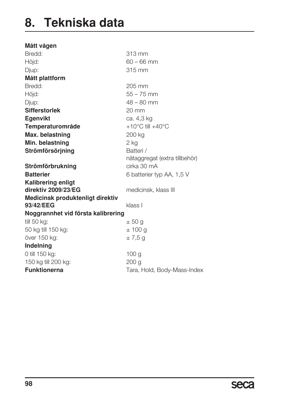 Tekniska data | Seca 899 User Manual | Page 98 / 188