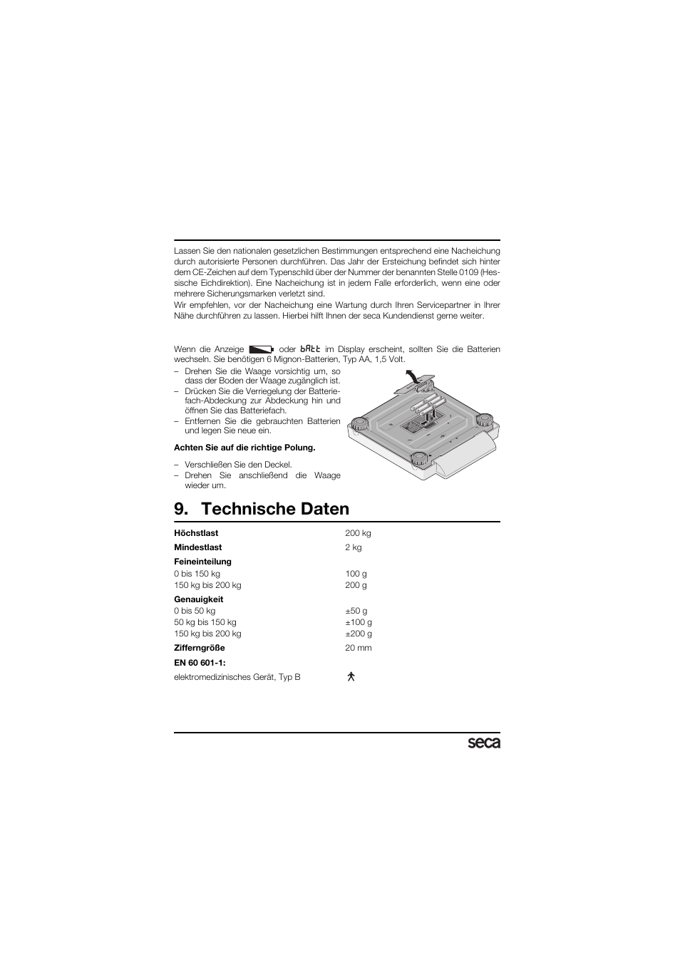 Wartung/nacheichung, Batteriewechsel, Technische daten | Seca 878 User Manual | Page 10 / 139