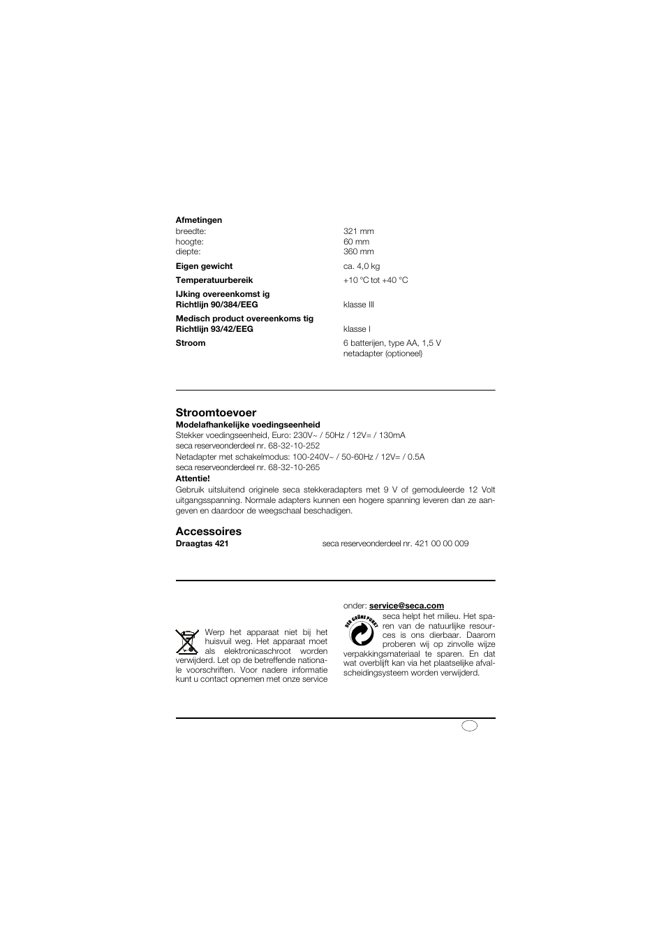 Reserveonderdelen en accessoires, Stroomtoevoer, Accessoires | Verwijderen van afval, Verwijderen van het apparaat | Seca 878 User Manual | Page 101 / 139