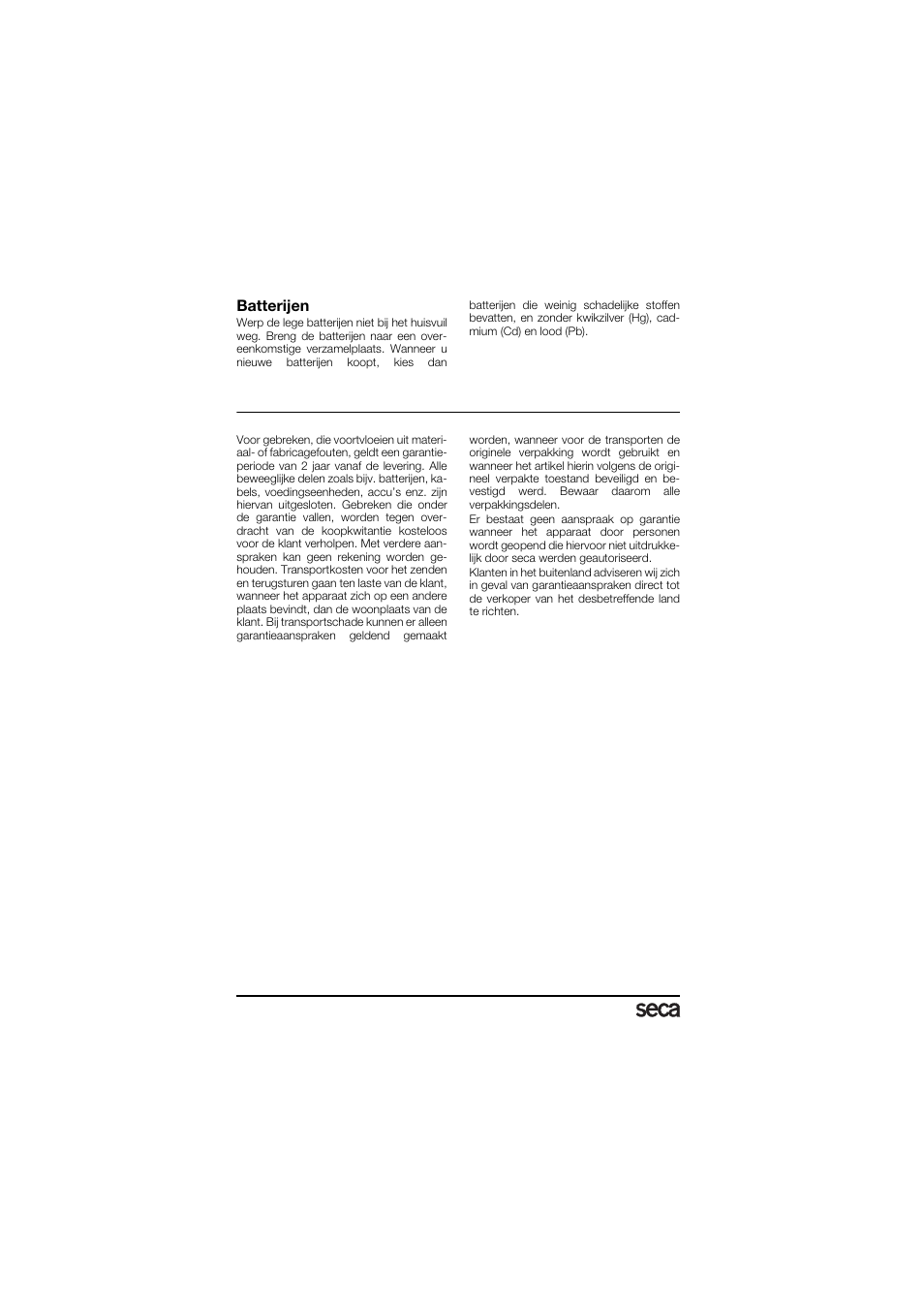 Batterijen, Garantie | Seca 878 User Manual | Page 102 / 139