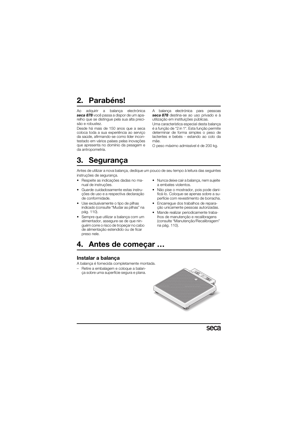 Parabéns, Segurança, Antes de começar | Instalar a balança | Seca 878 User Manual | Page 104 / 139