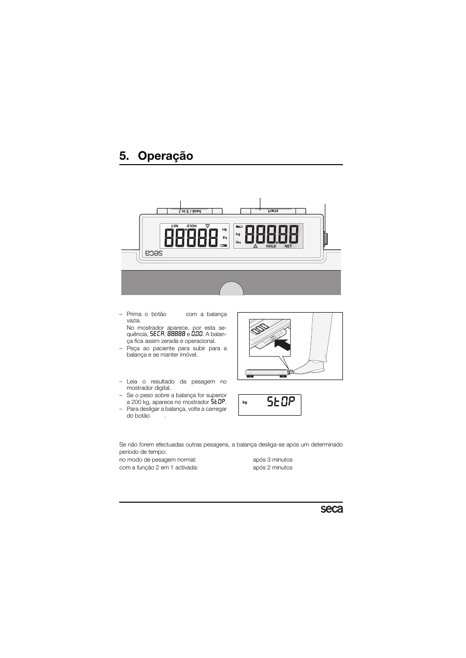 Operação, Elementos de comando e mostrador, Pesar correctamente | Desligamento automático/modo económico, St0p | Seca 878 User Manual | Page 106 / 139