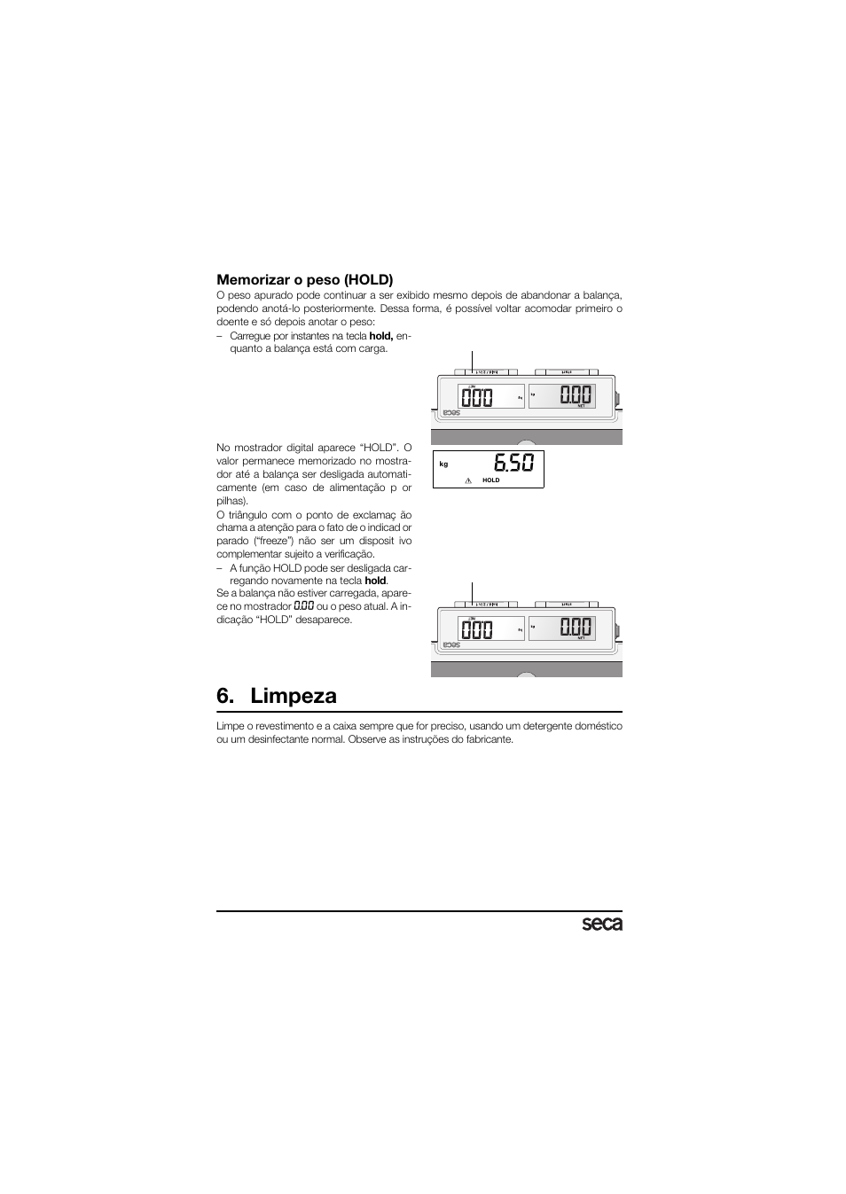 Memorizar o peso (hold), Limpeza | Seca 878 User Manual | Page 108 / 139