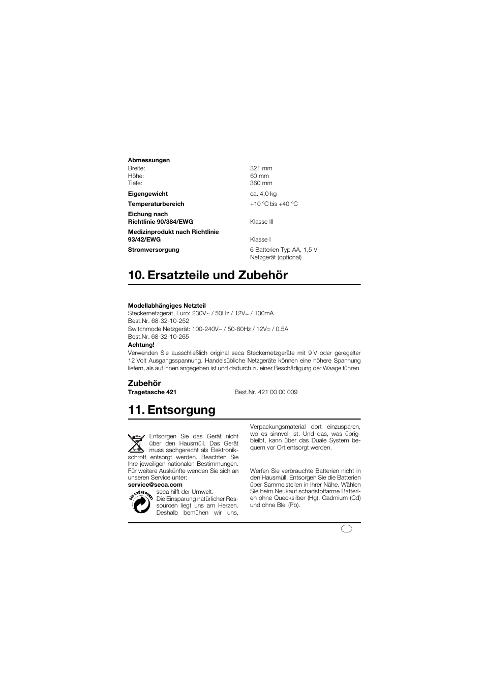 Ersatzteile und zubehör, Stromversorgung, Zubehör | Entsorgung, Entsorgung des gerätes, Batterien | Seca 878 User Manual | Page 11 / 139