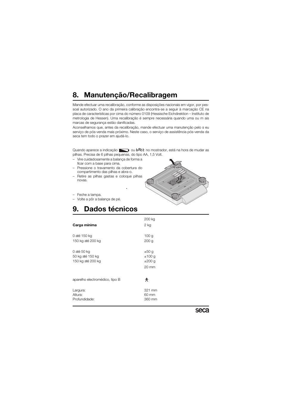 Manutenção/recalibragem, Mudar as pilhas, Dados técnicos | Seca 878 User Manual | Page 110 / 139