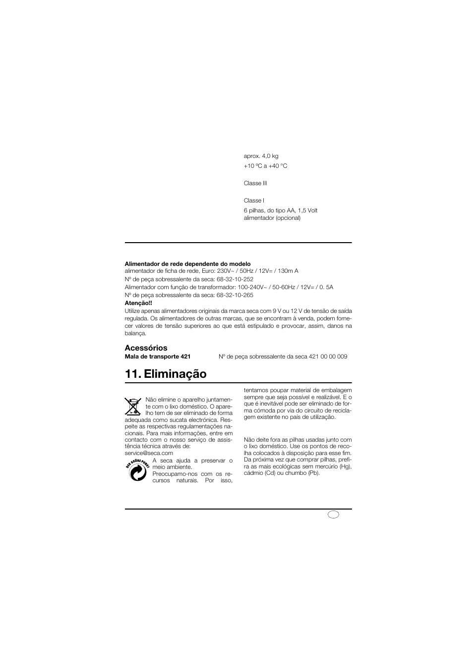 Alimentação de correnter, Acessórios, Eliminação | Eliminação do aparelho, Pilhas, Peças sobressalentes e acessórios | Seca 878 User Manual | Page 111 / 139