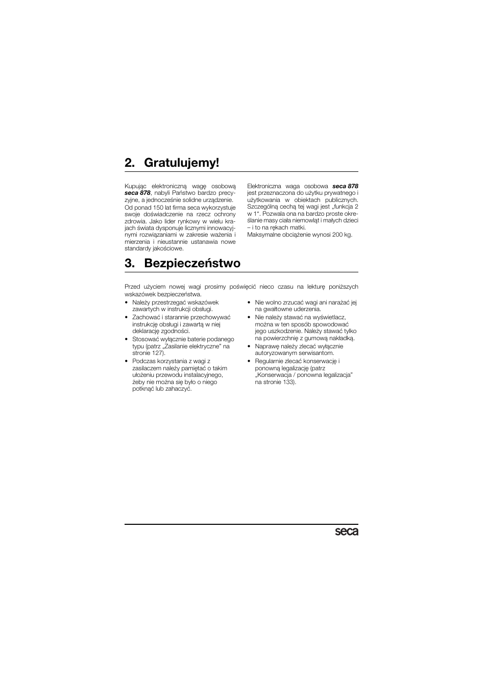 Gratulujemy, Bezpieczeństwo | Seca 878 User Manual | Page 126 / 139