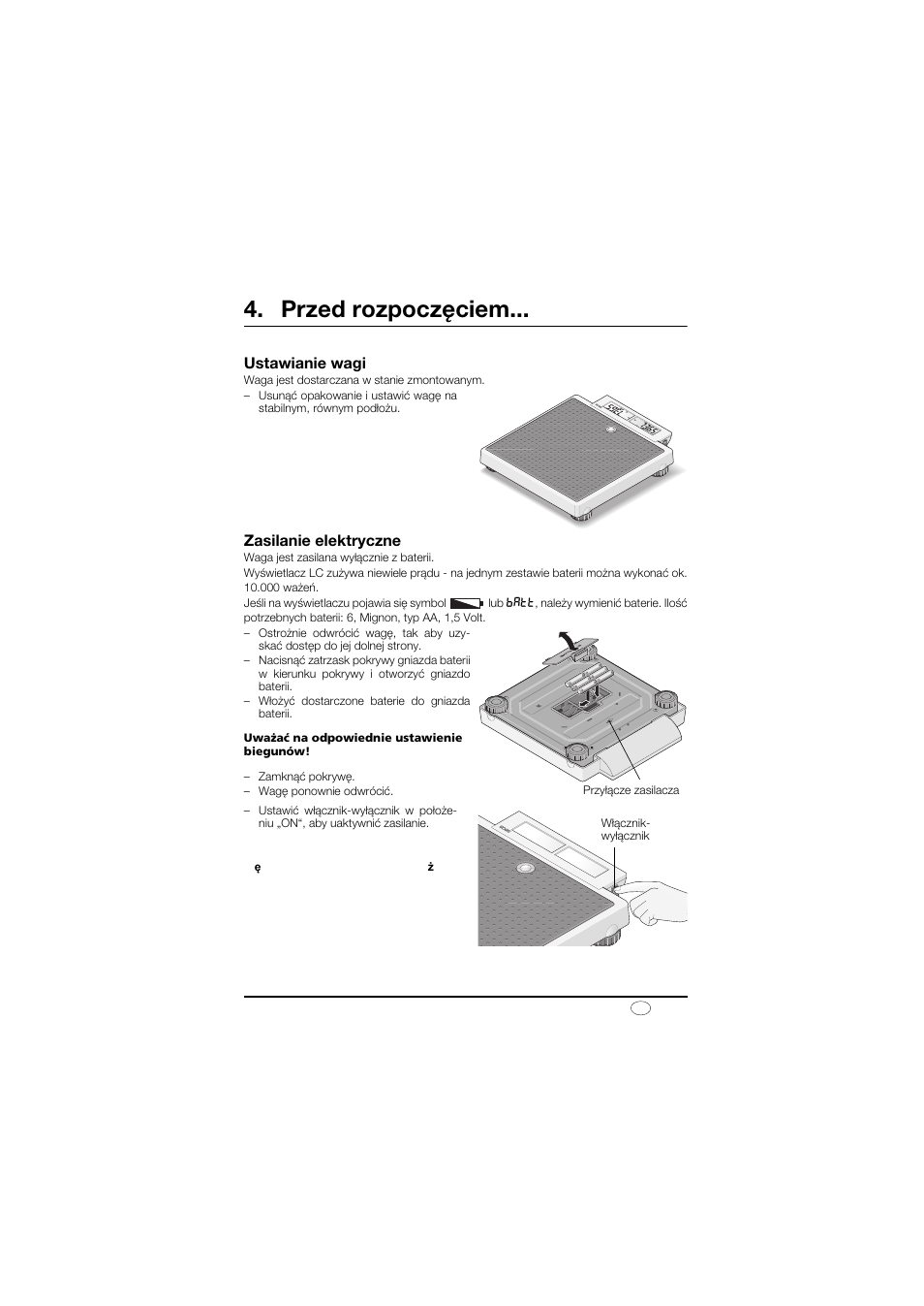 Przed rozpoczęciem, Ustawianie wagi, Zasilanie elektryczne | Seca 878 User Manual | Page 127 / 139