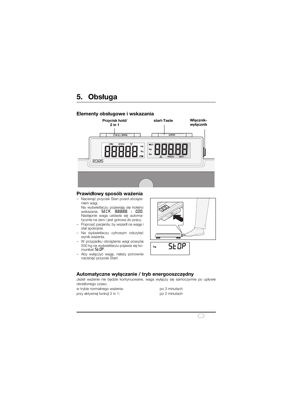 Obsługa, Elementy obsługowe i wskazania, Prawidłowy sposób ważenia | Automatyczne wyłączanie / tryb energooszczędny, St0p | Seca 878 User Manual | Page 129 / 139