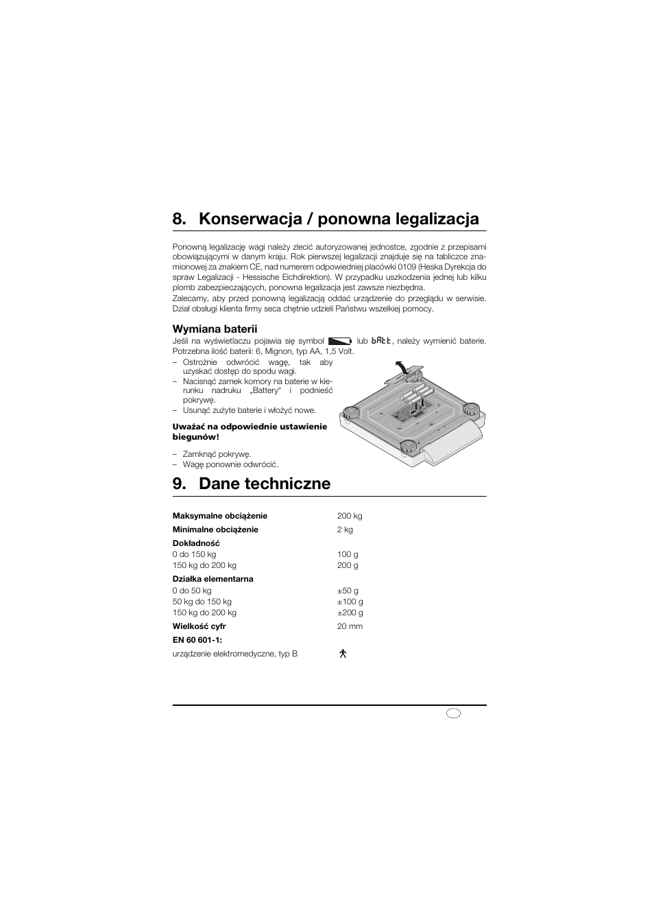 Konserwacja / ponowna legalizacja, Wymiana baterii, Dane techniczne | Seca 878 User Manual | Page 133 / 139