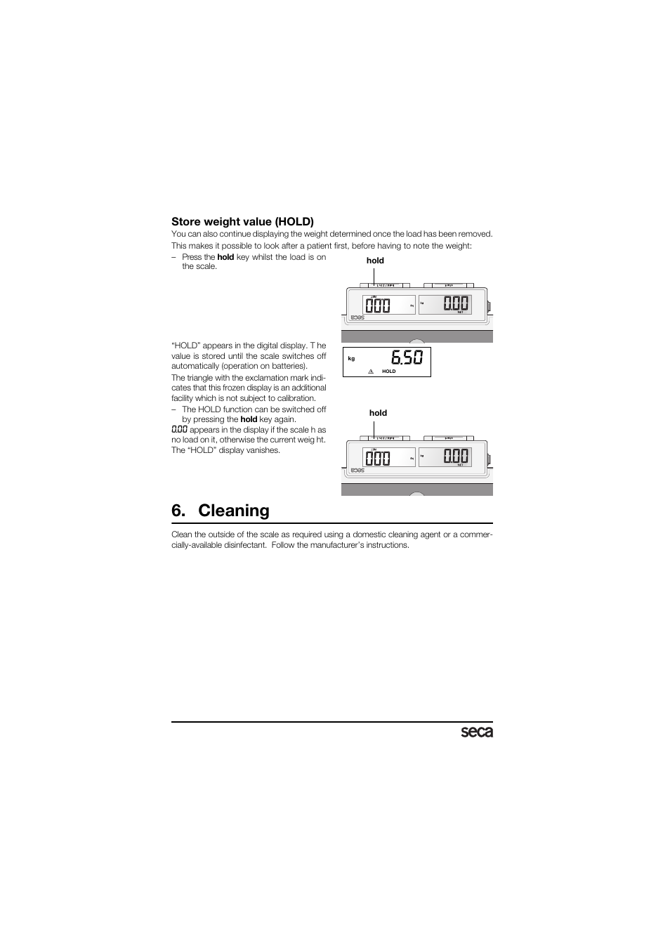 Store weight value (hold), Cleaning | Seca 878 User Manual | Page 18 / 139