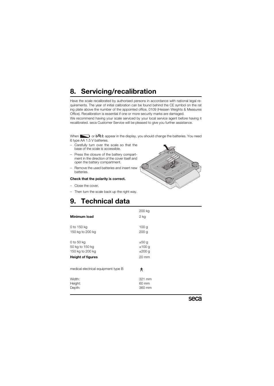 Servicing/recalibration, Changing the batteries, Technical data | Seca 878 User Manual | Page 20 / 139