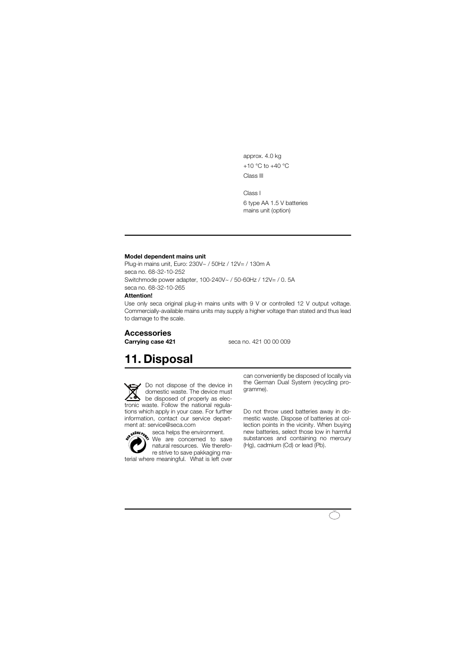 Power supply, Accessories, Disposal | Disposing of the device, Batteries, Spare parts and accessories | Seca 878 User Manual | Page 21 / 139