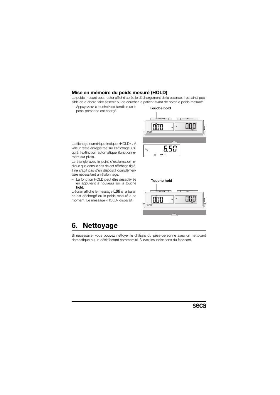 Mise en mémoire du poids mesuré (hold), Nettoyage | Seca 878 User Manual | Page 28 / 139