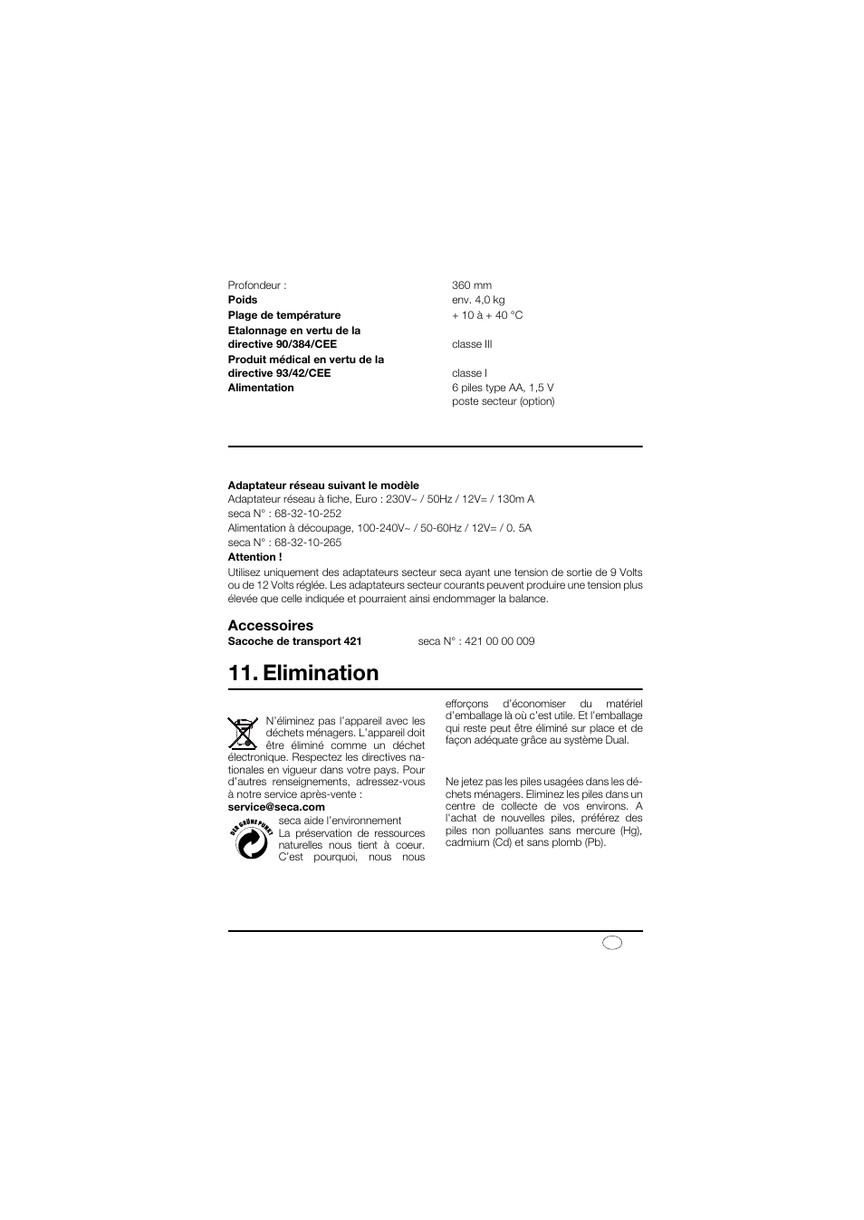 Alimentation électrique, Accessoires, Elimination | Elimination de l’appareil, Piles, Pièces de rechange et accessoires | Seca 878 User Manual | Page 31 / 139