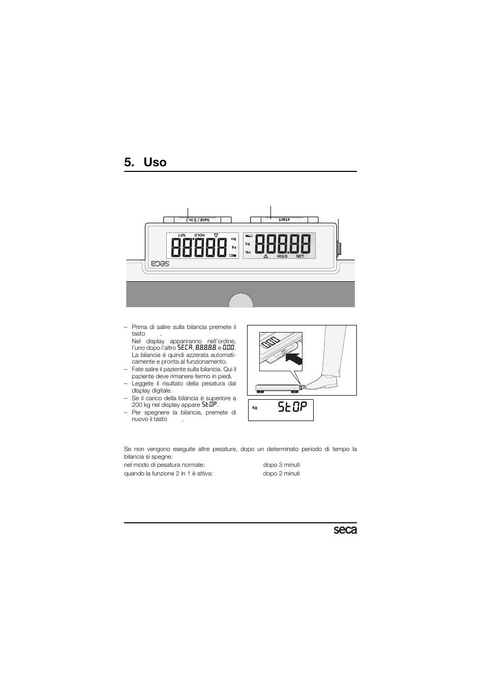 Comandi ed indicatori, Pesare in modo corretto, Spegnimento automatico / salva energia | St0p | Seca 878 User Manual | Page 36 / 139