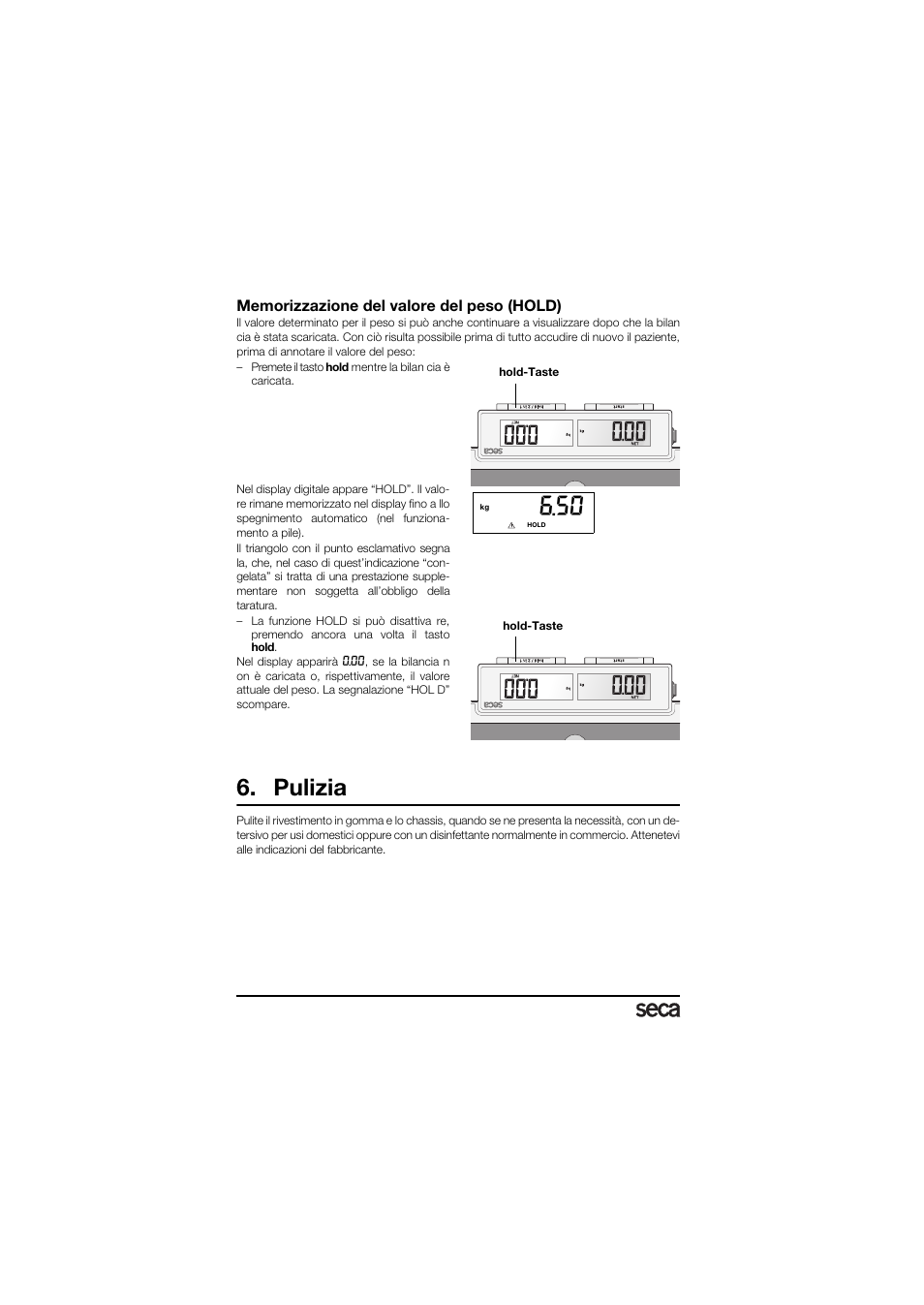 Memorizzazione del valore del peso (hold), Pulizia | Seca 878 User Manual | Page 38 / 139