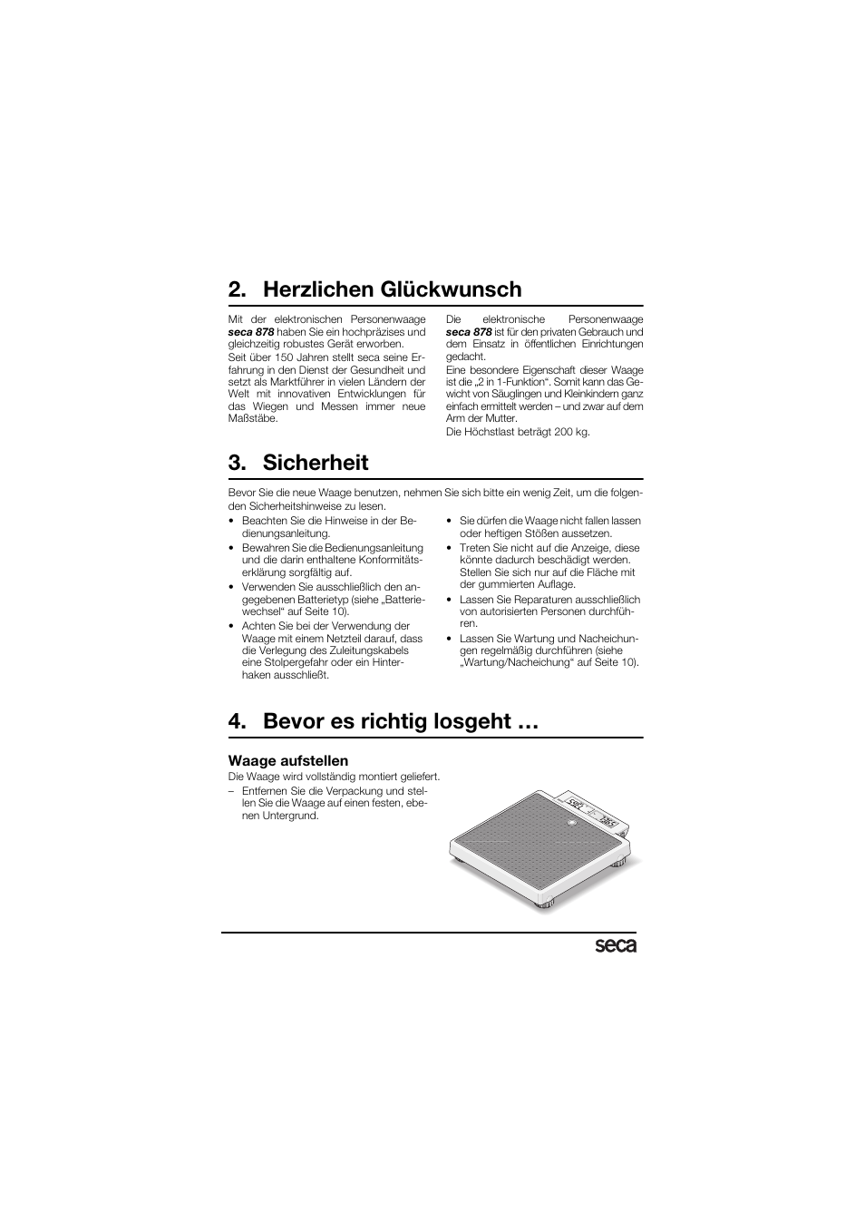 Herzlichen glückwunsch, Sicherheit, Bevor es richtig losgeht | Waage aufstellen | Seca 878 User Manual | Page 4 / 139