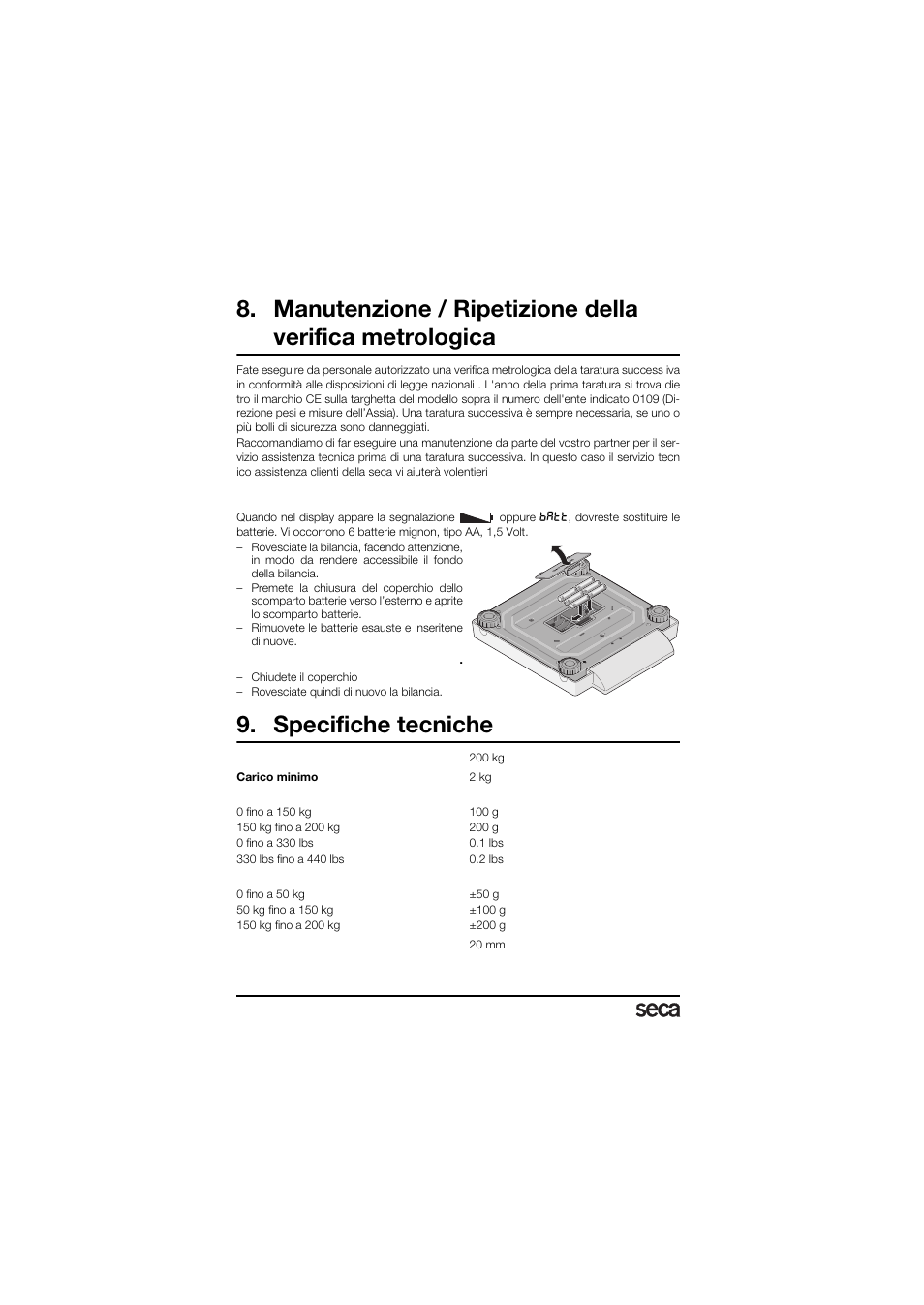 Sostituzione della batteria, Specifiche tecniche | Seca 878 User Manual | Page 40 / 139