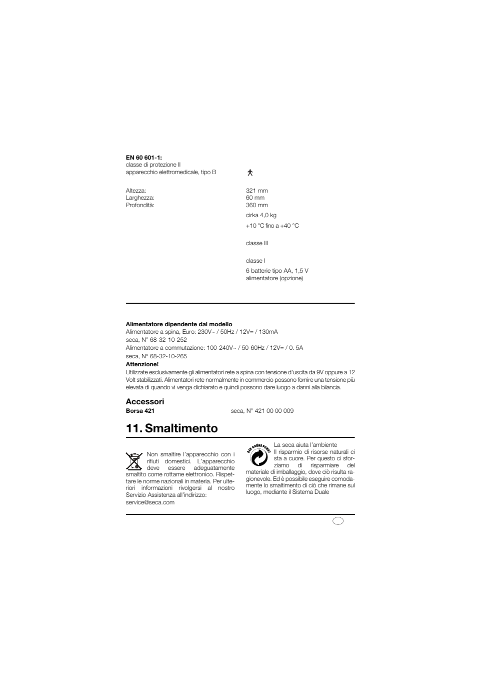 Alimentazione elettrica, Accessori, Smaltimento | Smaltimento dell’apparecchio, Parti di ricambio ed accessori | Seca 878 User Manual | Page 41 / 139