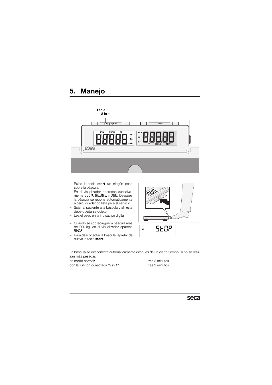 Manejo, Mandos e indicaciones, Para pesar correctamente | Desconexión automática / modo económico, St0p | Seca 878 User Manual | Page 46 / 139