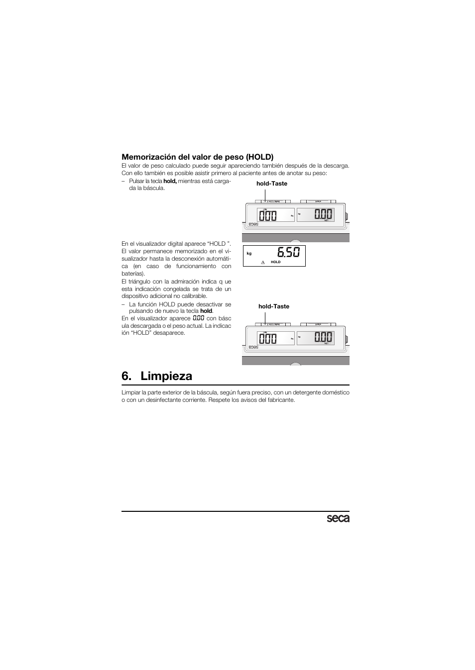Memorización del valor de peso (hold), Limpieza | Seca 878 User Manual | Page 48 / 139