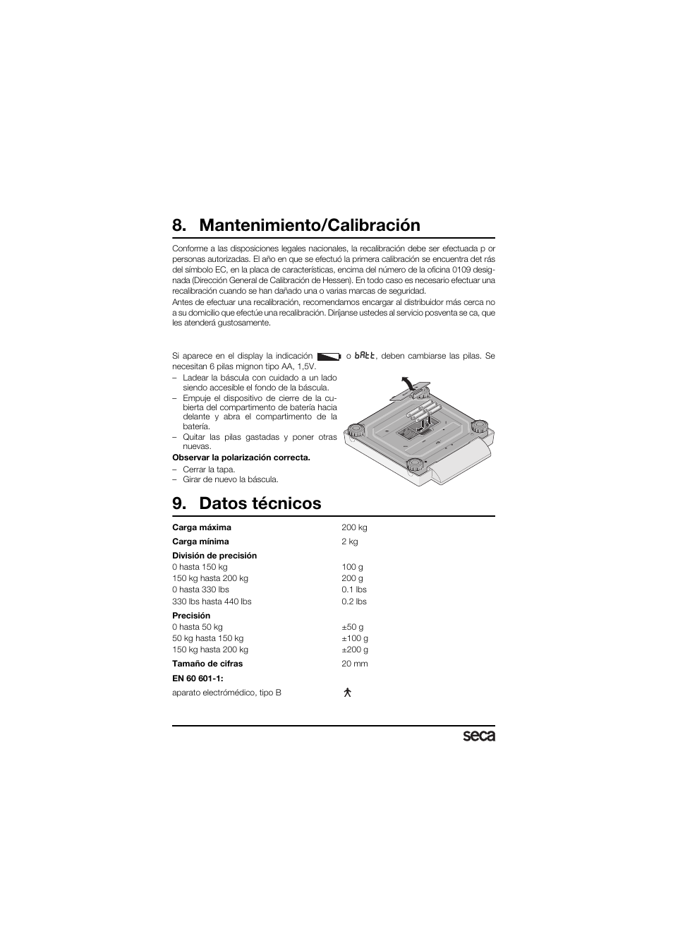 Mantenimiento/calibración, Cambio de pilas, Datos técnicos | Seca 878 User Manual | Page 50 / 139