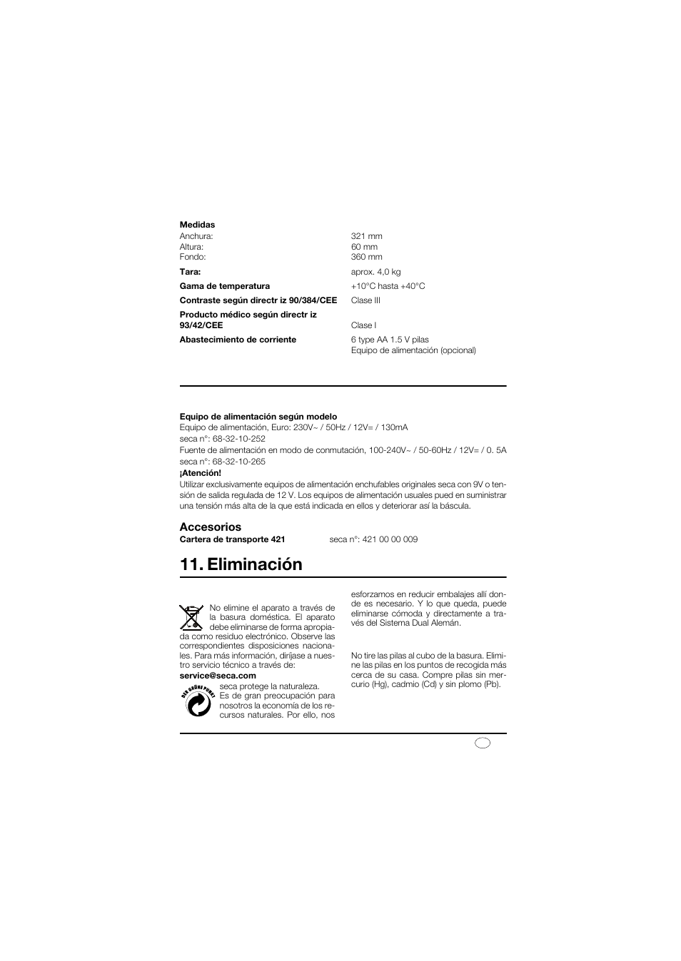 Abastecimiento de corriente, Accesorios, Eliminación | Eliminación del aparato, Pilas, Piezas de repuesto y accesorios | Seca 878 User Manual | Page 51 / 139