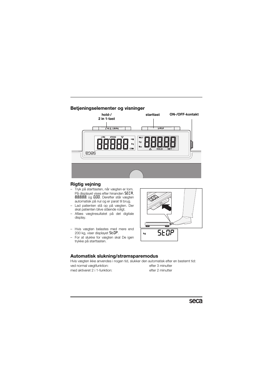 Betjening, Betjeningselementer og visninger, Rigtig vejning | Automatisk slukning/strømsparemodus, St0p | Seca 878 User Manual | Page 56 / 139