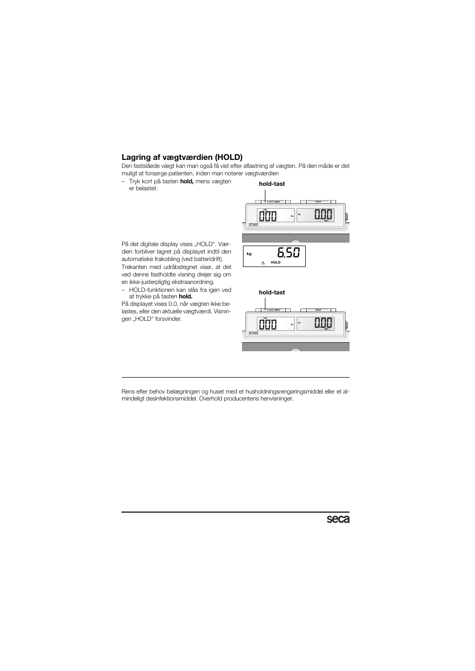Lagring af vægtværdien (hold), Rengøring | Seca 878 User Manual | Page 58 / 139
