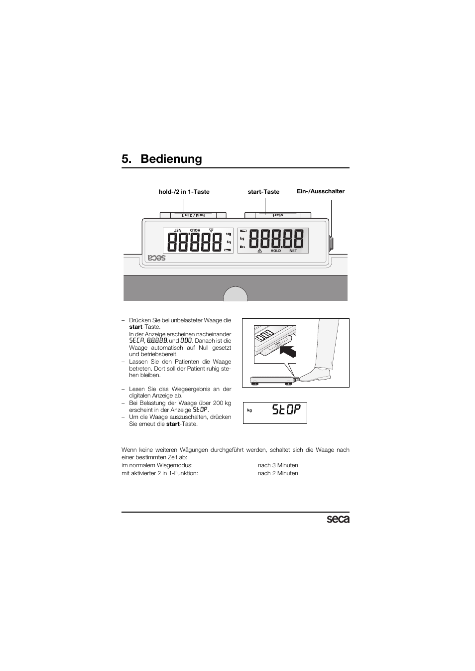 Bedienung, Bedienelemente und anzeigen, Richtiges wiegen | Automatische abschaltung/stromsparmodus, St0p | Seca 878 User Manual | Page 6 / 139