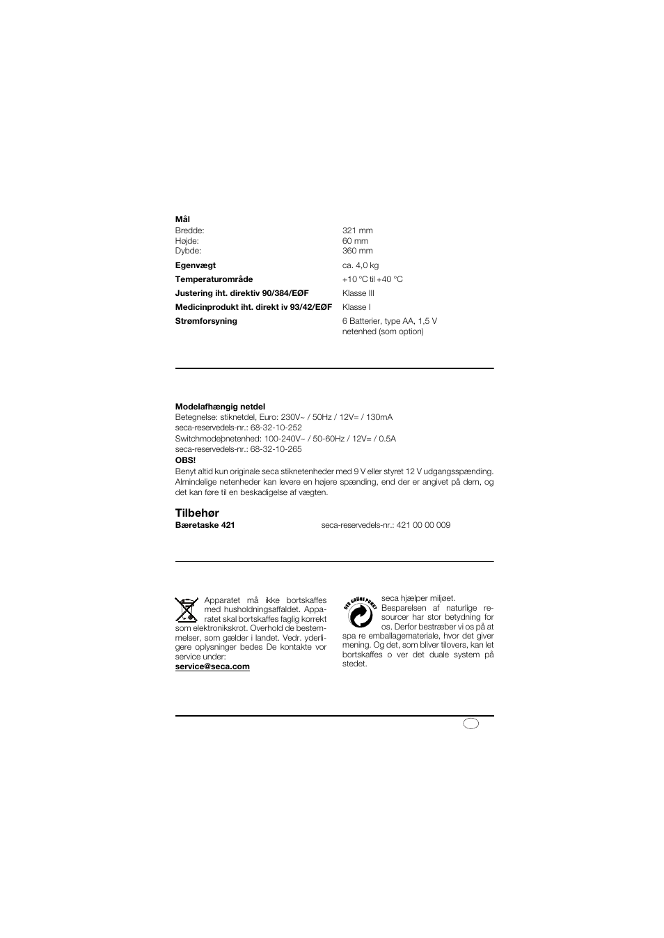 Reservedele og tilbehør, Strømforsyning, Tilbehør | Bortskaffelse, Bortskaffelse af anlægget | Seca 878 User Manual | Page 61 / 139