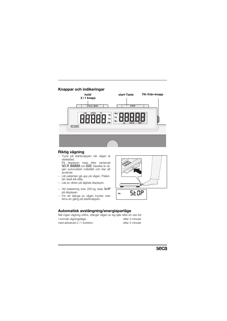 Användning, Knappar och indikeringar, Riktig vägning | Automatisk avstängning/energisparläge, St0p | Seca 878 User Manual | Page 66 / 139