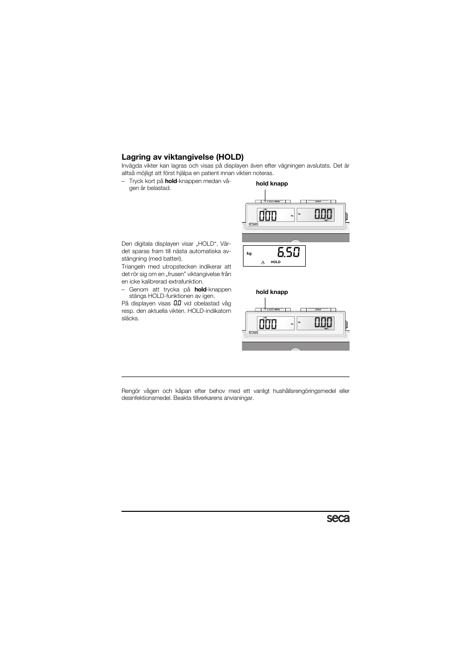 Lagring av viktangivelse (hold), Rengöring | Seca 878 User Manual | Page 68 / 139