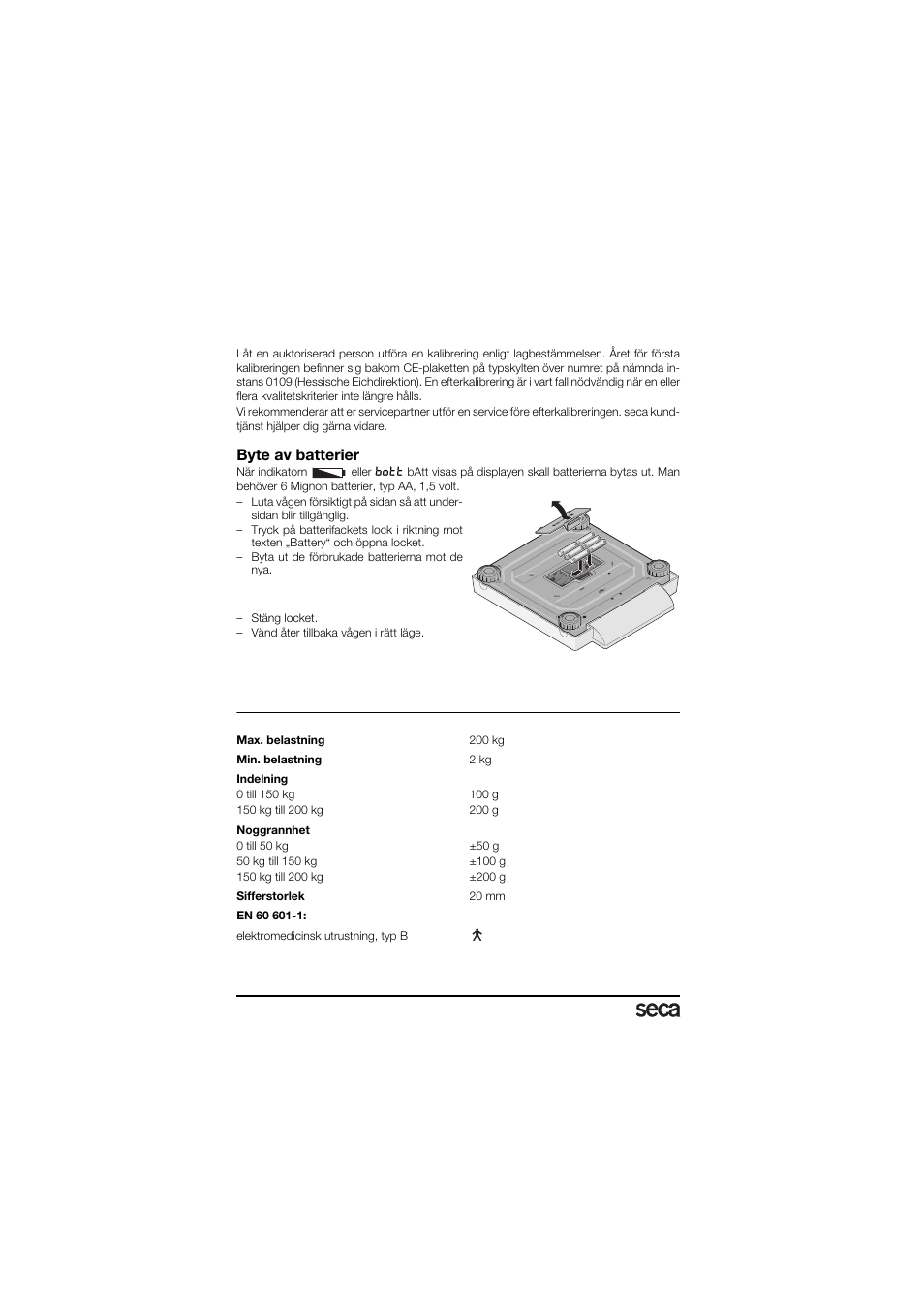 Underhåll/efterkalibrering, Byte av batterier, Tekniska data | Seca 878 User Manual | Page 70 / 139