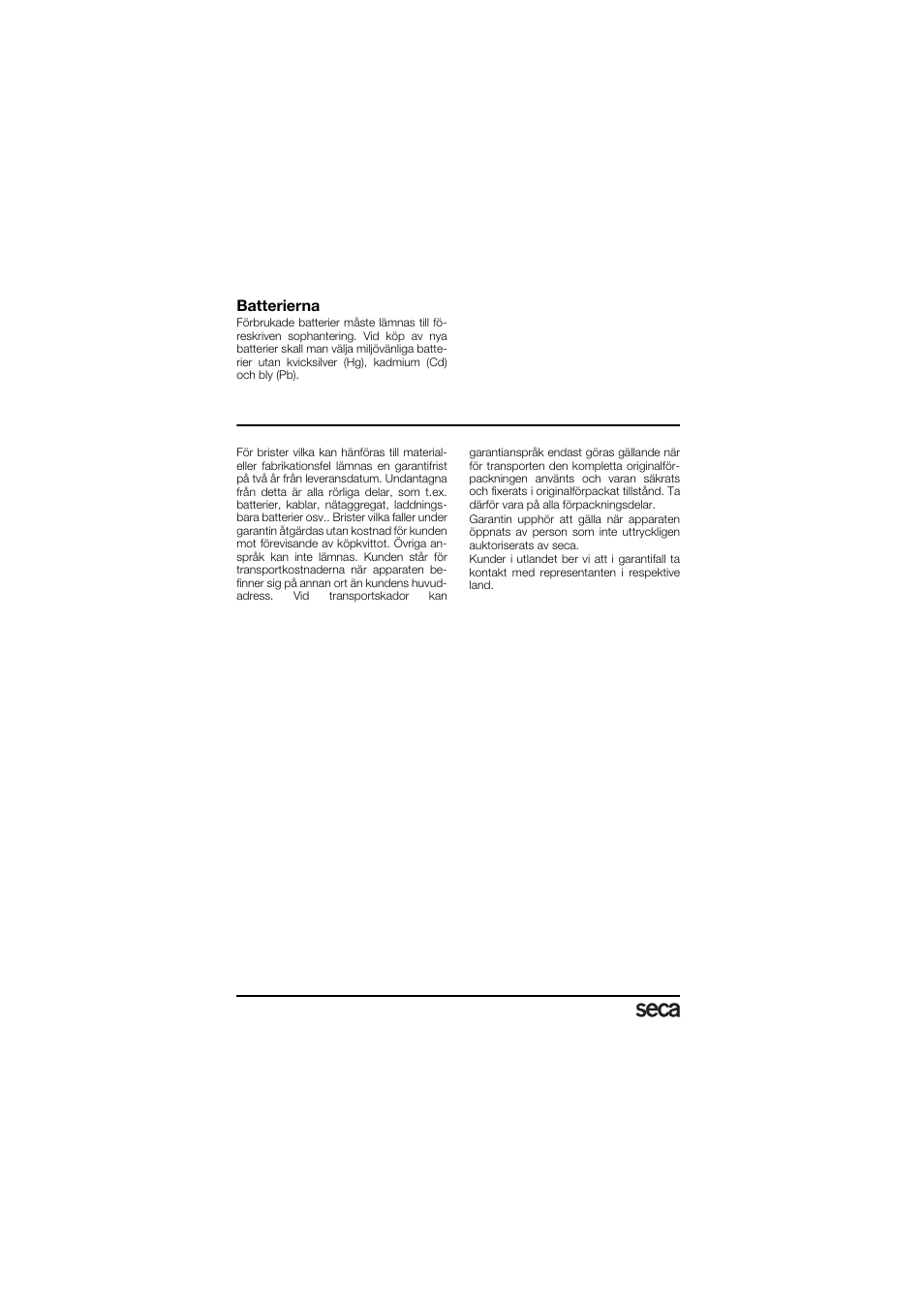 Batterierna, Garanti | Seca 878 User Manual | Page 72 / 139