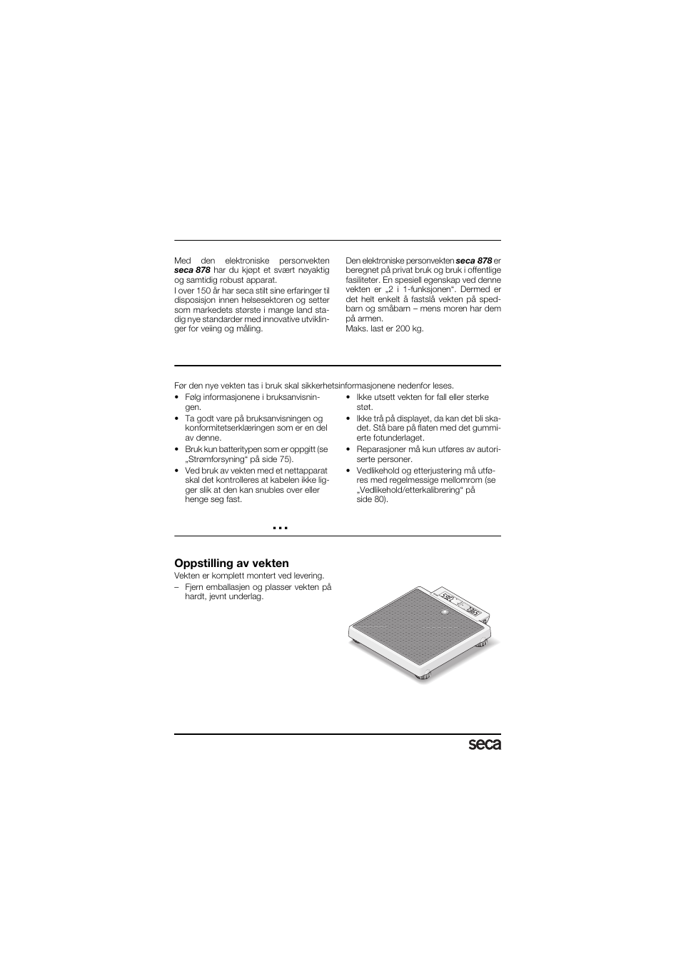 Gratulerer, Sikkerhet, Før bruk | Oppstilling av vekten | Seca 878 User Manual | Page 74 / 139