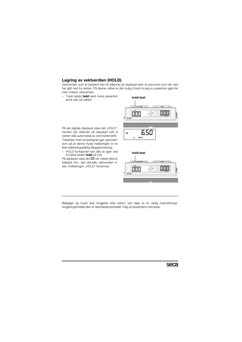 Lagring av vektverdien (hold), Rengjøring | Seca 878 User Manual | Page 78 / 139
